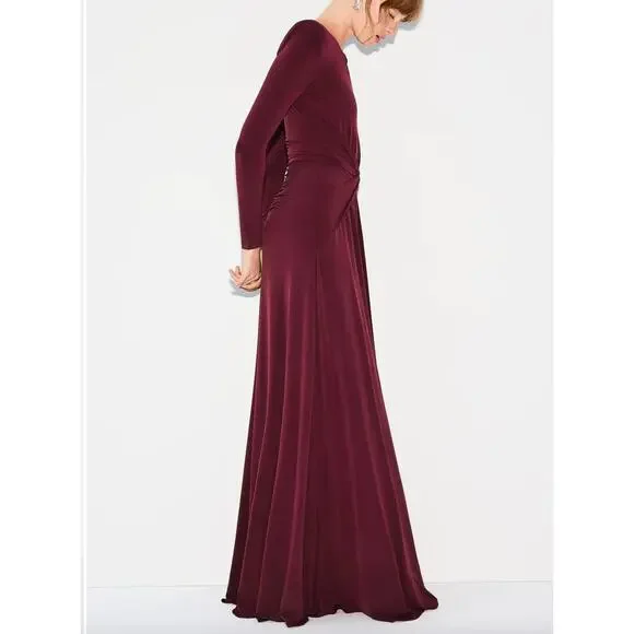Nissa Red Long Sleeve Jersey Gown Size 2 Formal Flattering A-line Designer  $600